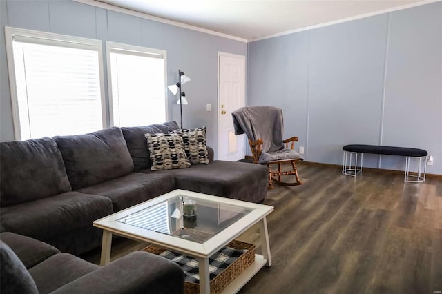 living room featuring ornamental molding, dark wood-type flooring, and a decorative wall