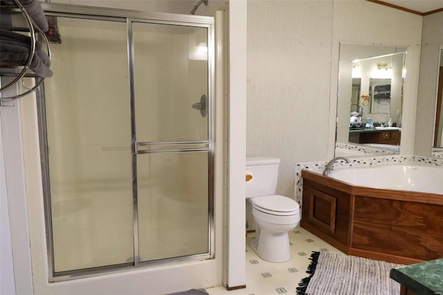 full bath featuring toilet, a shower stall, and ensuite bathroom