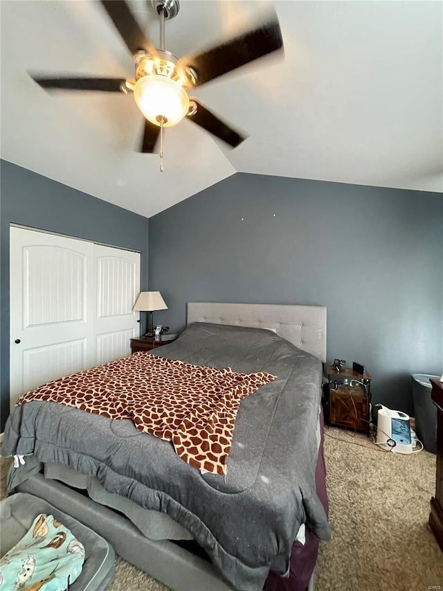 bedroom with lofted ceiling, carpet floors, ceiling fan, and a closet