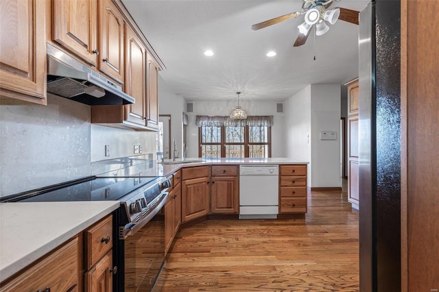 kitchen featuring sink, appliances with stainless steel finishes, hanging light fixtures, light hardwood / wood-style floors, and kitchen peninsula