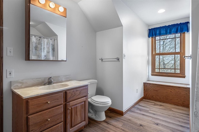 bathroom featuring vanity, toilet, and hardwood / wood-style floors