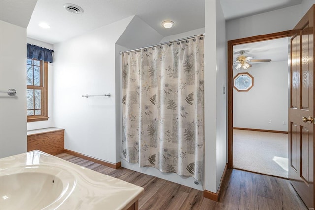 bathroom with hardwood / wood-style flooring and vanity