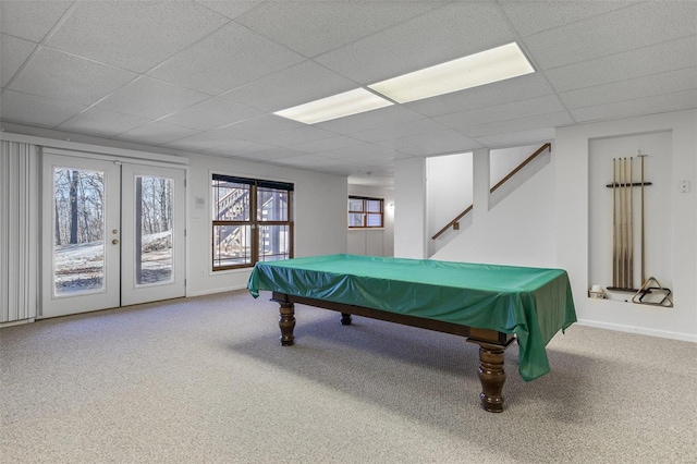 rec room featuring carpet, a paneled ceiling, pool table, and french doors