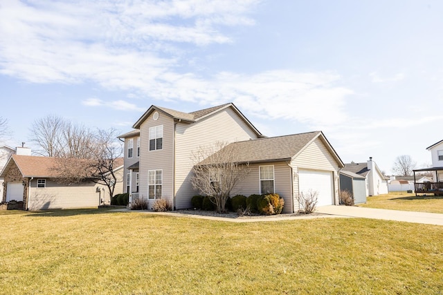 view of property exterior with driveway, an attached garage, and a lawn