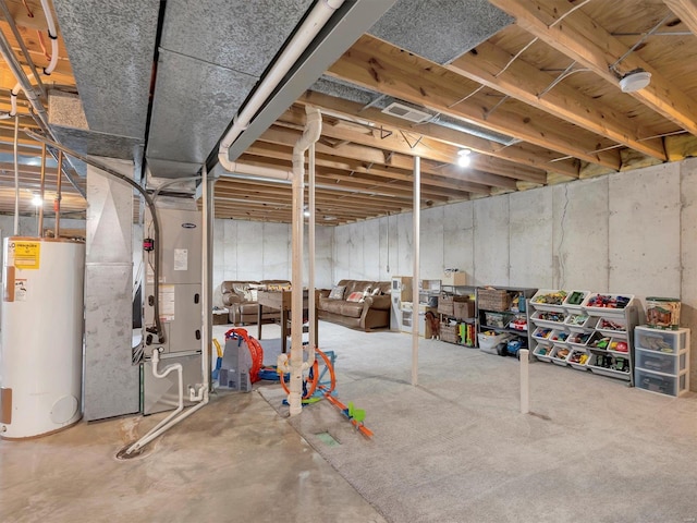 basement with heating unit and water heater