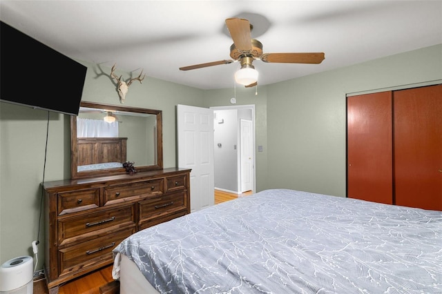 bedroom featuring ceiling fan and wood-type flooring