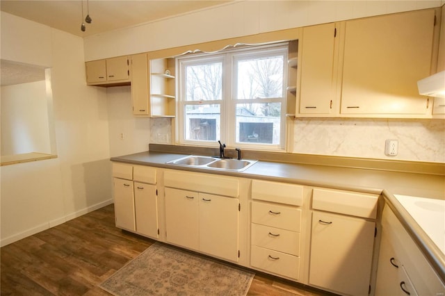 kitchen featuring range hood, sink, dark hardwood / wood-style floors, and cream cabinetry