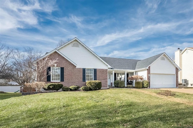 ranch-style house with central AC unit, a garage, and a front lawn