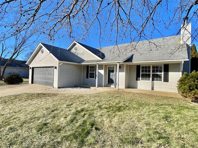 ranch-style house with a garage and a front yard