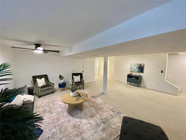 living room featuring ceiling fan and light colored carpet