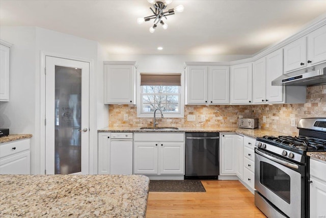 kitchen featuring white cabinetry, stainless steel range with gas stovetop, dishwasher, and sink