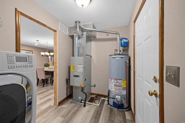 utility room with water heater, washer / dryer, and heating unit