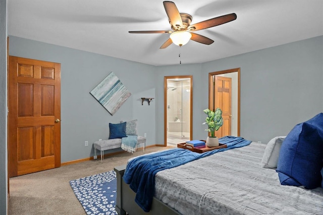 carpeted bedroom with ceiling fan and ensuite bath