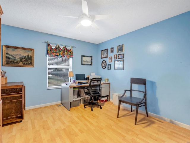 office area featuring ceiling fan and light hardwood / wood-style flooring