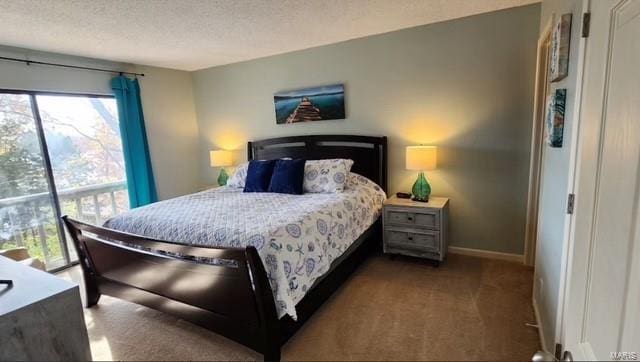 bedroom with carpet floors and a textured ceiling