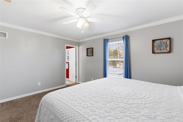 carpeted bedroom featuring crown molding and ceiling fan