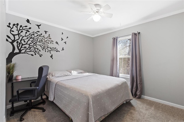 bedroom with ornamental molding, ceiling fan, and carpet flooring