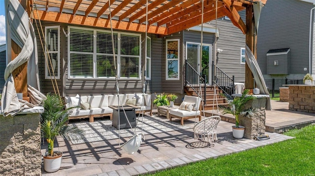 view of patio / terrace with an outdoor living space and a pergola