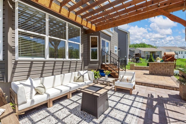 view of patio with an outdoor hangout area, a pergola, and a playground