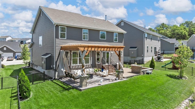 rear view of property with a patio, a yard, an outdoor hangout area, and a pergola