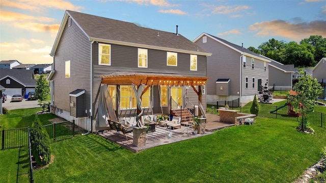 back house at dusk with an outdoor living space, a patio, a yard, and a pergola