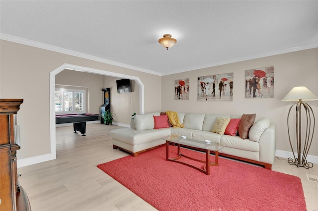 living room featuring baseboards, ornamental molding, wood finished floors, and pool table