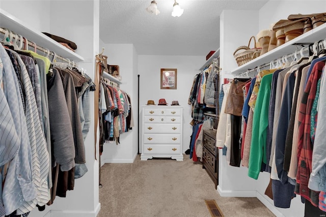 spacious closet featuring visible vents and carpet flooring