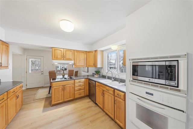 kitchen with stainless steel appliances, sink, and light hardwood / wood-style floors