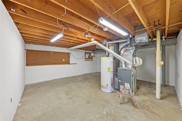 basement with heating unit and gas water heater