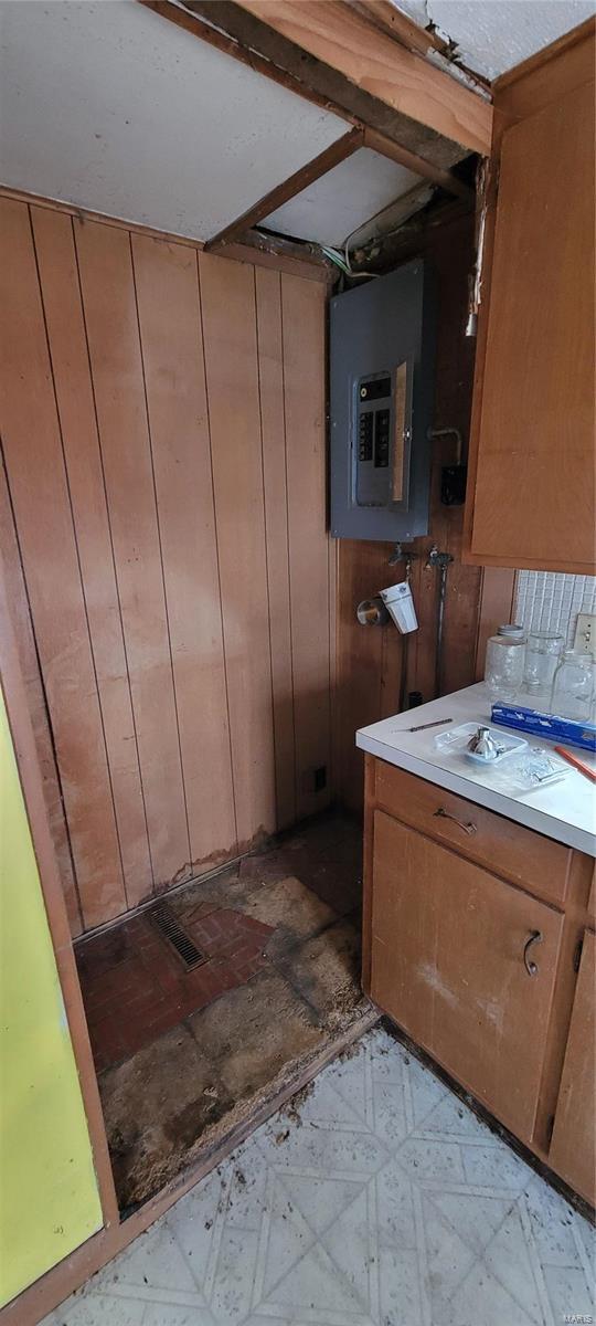 bathroom with vanity, electric panel, and wood walls