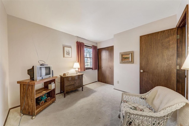 sitting room featuring light carpet