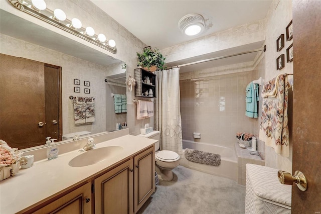 full bathroom featuring vanity, toilet, and shower / bath combo with shower curtain