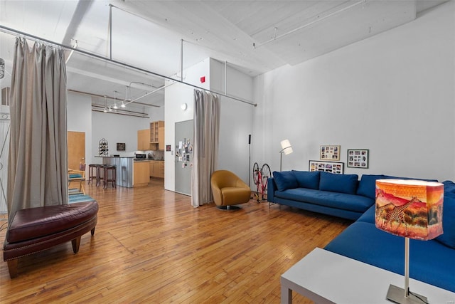 living room featuring a towering ceiling and light hardwood / wood-style floors