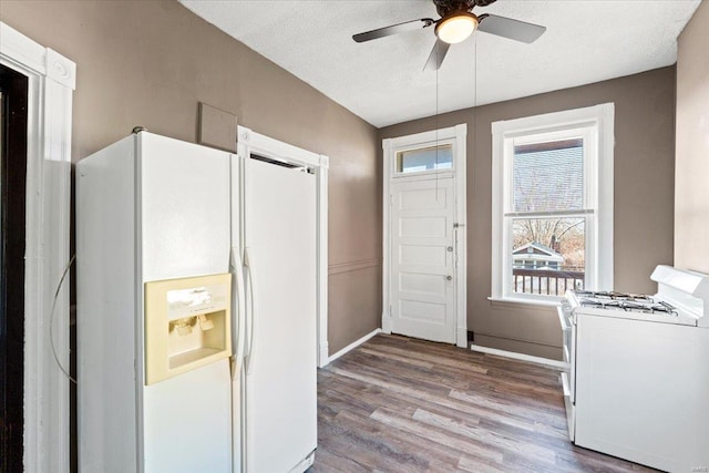 kitchen with ceiling fan, hardwood / wood-style floors, a textured ceiling, and white appliances