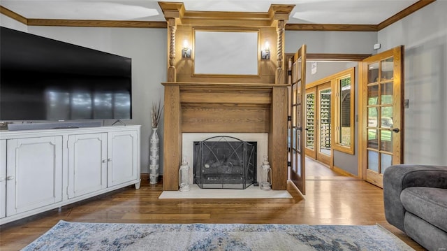 living room featuring ornamental molding, dark wood-type flooring, and french doors