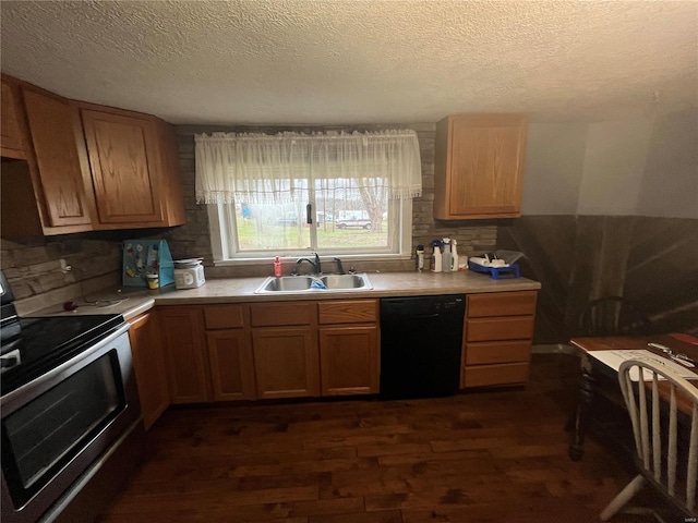 kitchen with dark wood-type flooring, sink, stainless steel electric range oven, a textured ceiling, and black dishwasher