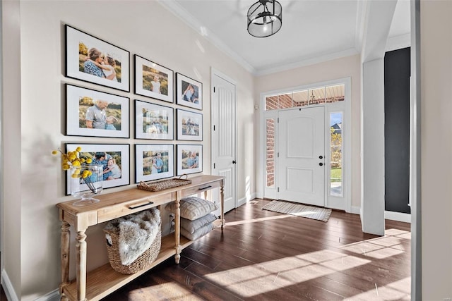 foyer with crown molding and wood-type flooring