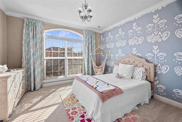 carpeted bedroom featuring crown molding and a chandelier