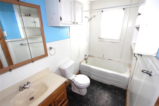 full bathroom featuring bathing tub / shower combination, vanity, and toilet