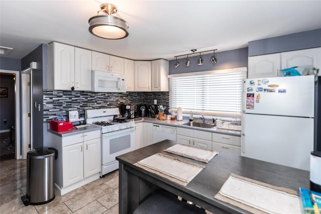 kitchen with sink, backsplash, white cabinets, and white appliances