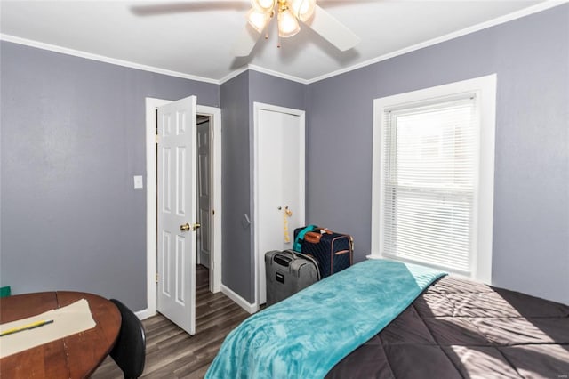 bedroom featuring ceiling fan, ornamental molding, dark hardwood / wood-style floors, and a closet