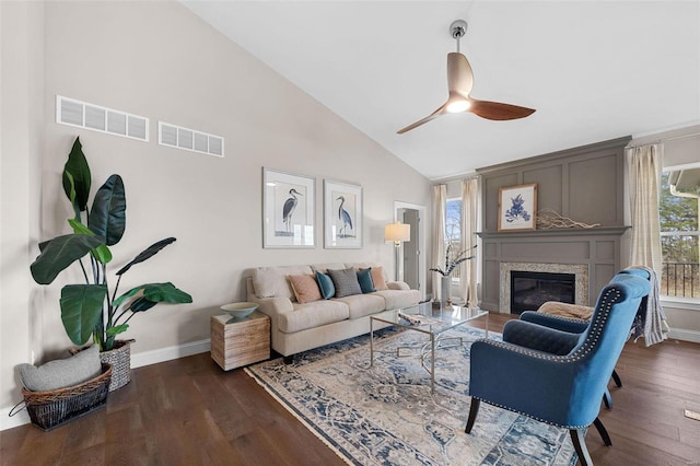 living room with high vaulted ceiling, dark wood-type flooring, and ceiling fan