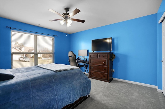 bedroom featuring ceiling fan and carpet floors