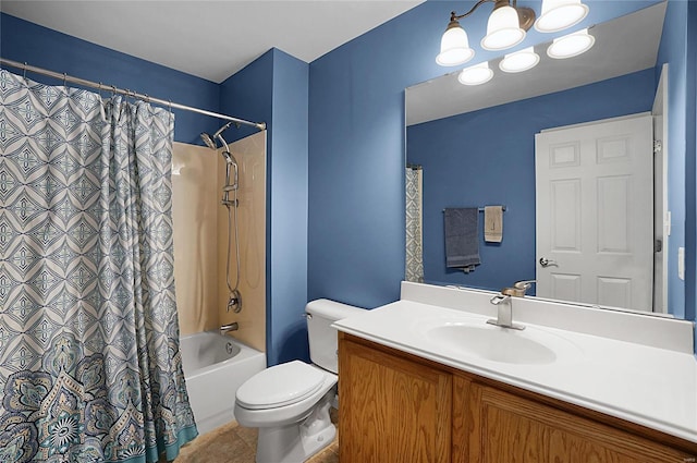 full bathroom with shower / tub combo, tile patterned flooring, an inviting chandelier, vanity, and toilet