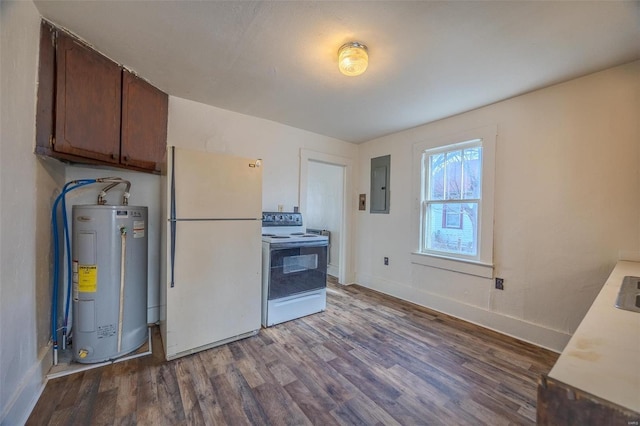 kitchen with dark wood-type flooring, white appliances, electric panel, and water heater