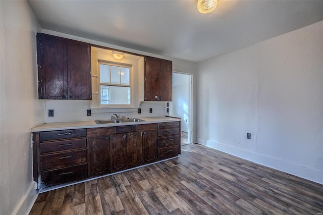 kitchen featuring dark brown cabinetry, wood-type flooring, and sink