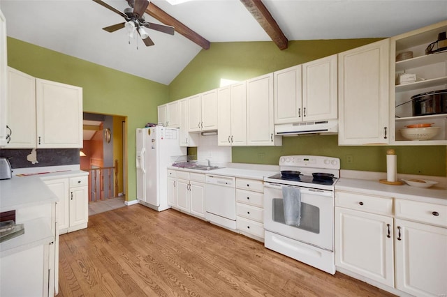 kitchen featuring under cabinet range hood, white appliances, white cabinetry, light countertops, and light wood-type flooring