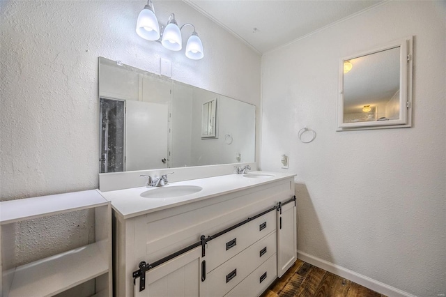 bathroom featuring hardwood / wood-style flooring and vanity