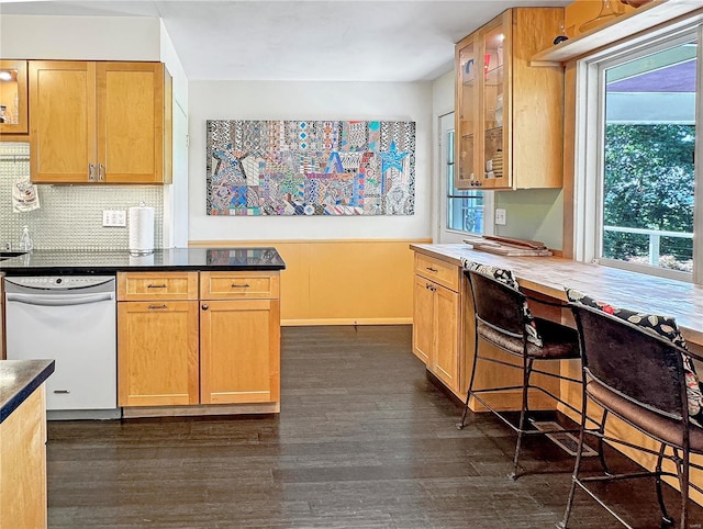 kitchen featuring tasteful backsplash, dishwasher, dark wood-type flooring, and a wealth of natural light