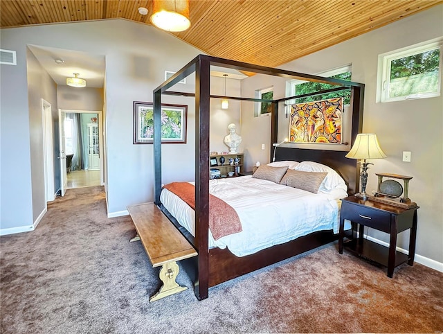 bedroom featuring lofted ceiling, carpet floors, and wooden ceiling